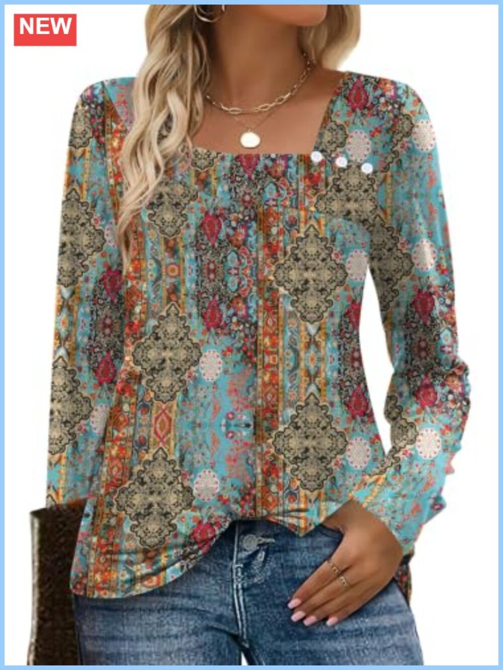 Womens Long Sleeve Square Neck Tunic Top Decorative Buttons Loose Fit